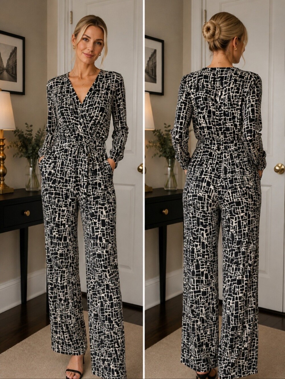 Chic Black and White Abstract Long Sleeve Dress